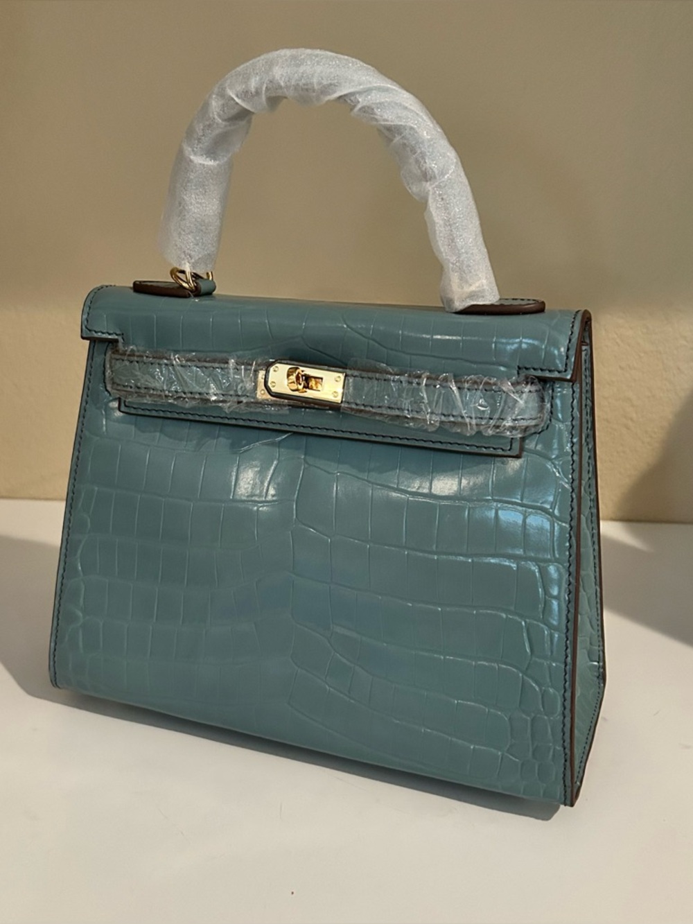 25cm Blue Crocodile Embossed Leather Satchel